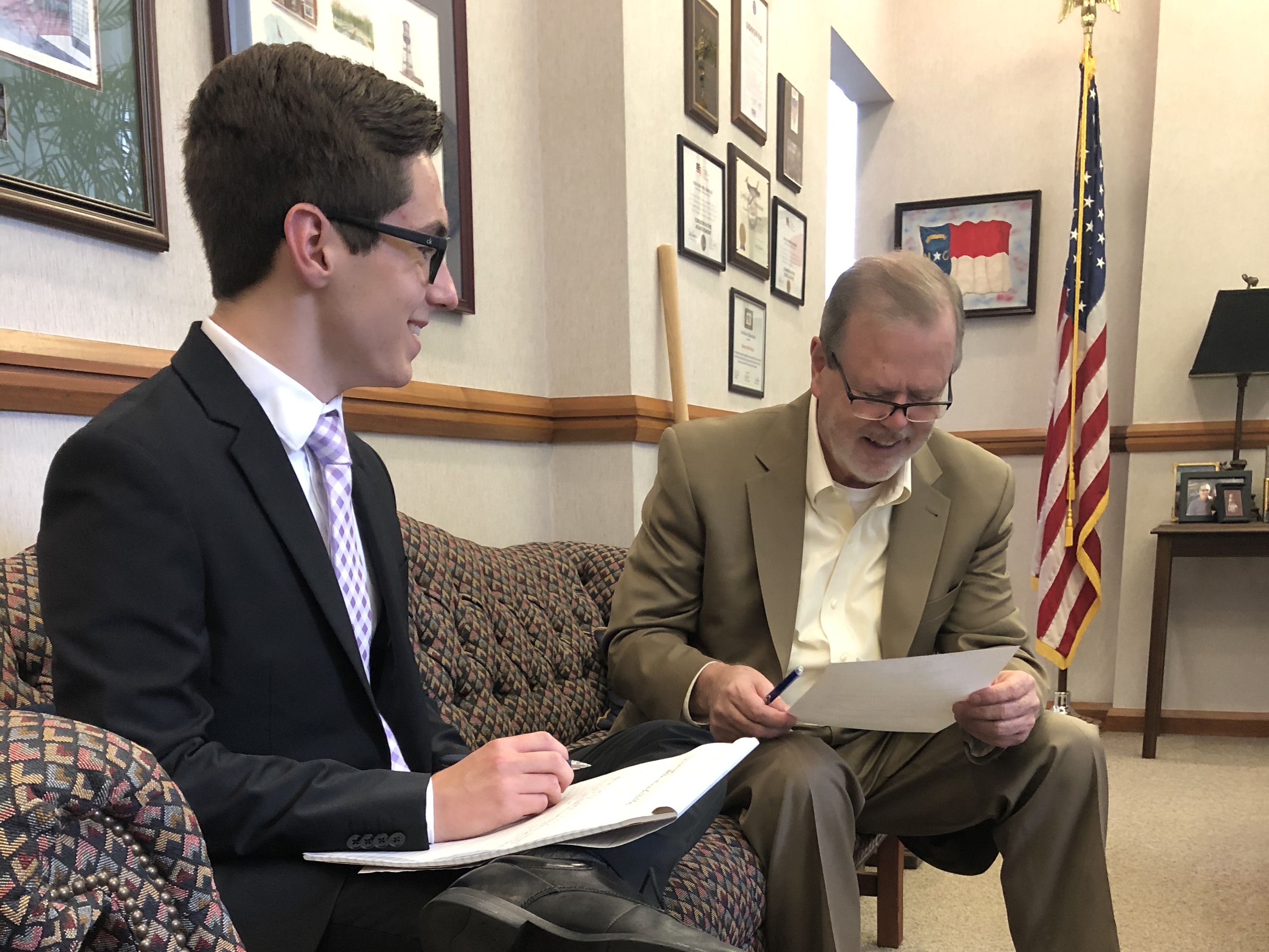 Senate President Pro Tempore Phil Berger with Senate intern Dustin Humphries